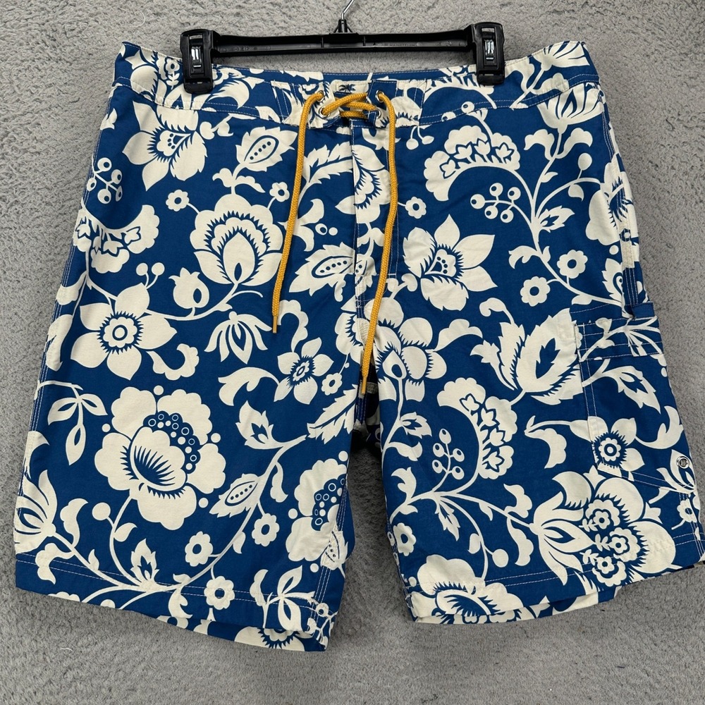 J‎ Crew Mens Swim Trunks 34 Blue White Floral Hawaiian Cargo Pocket Board Shorts